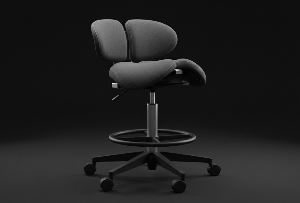 Ergonomic saddle chair in a dark studio setting
